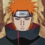 Naruto nagato as Pain with Rinnegan eyes and orange hair, wearing the Akatsuki cloak, showcasing his powerful and mysterious dojutsu